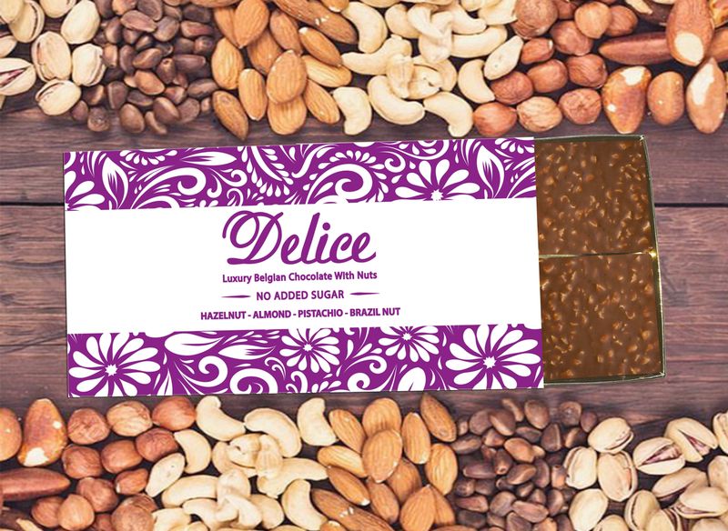 Delice No added Sugar Luxury Chocolate with Roasted Nuts HAZELNUT-ALMOND-PISTACHIO &amp; BRAZIL NUT