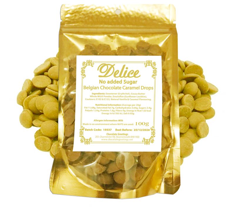 Delice No added Sugar Belgian Caramel Chocolate Drops - Sugar Free - Diabetic - Keto