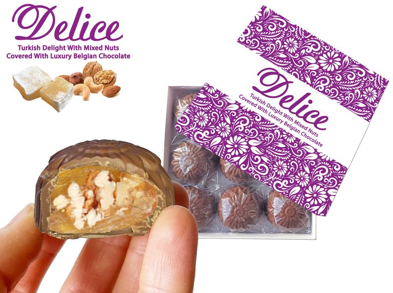 Delice Turkish Delight with Nuts Covered with Belgian Chocolate