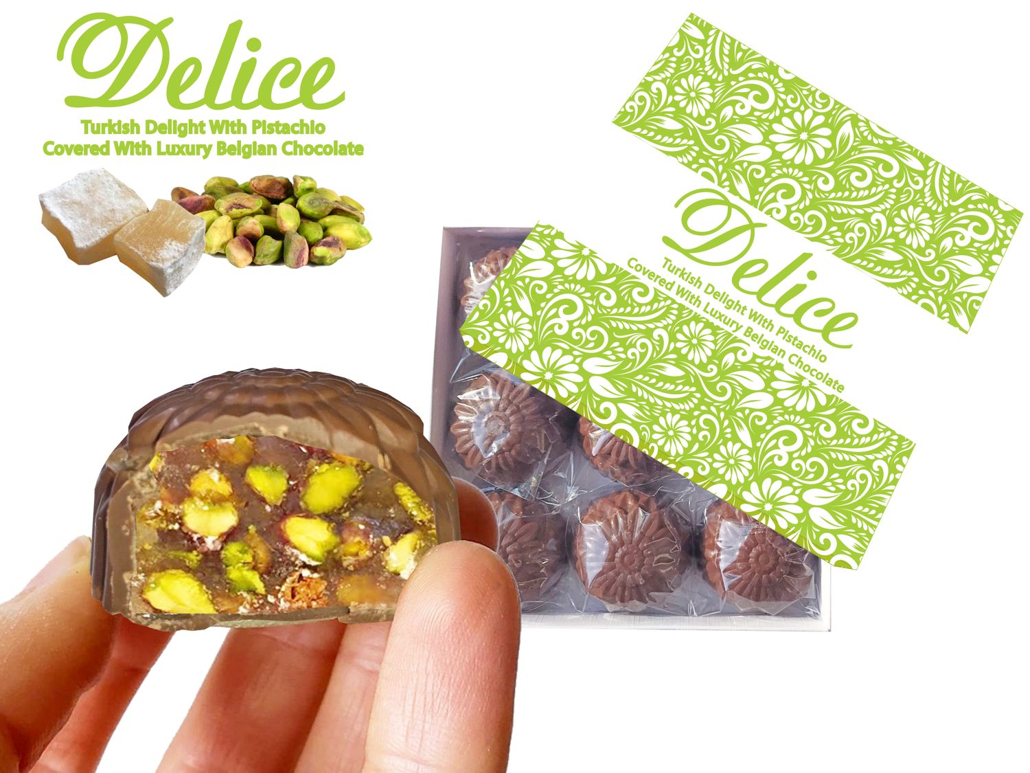 Delice Turkish Delight with Pistachios Covered with Belgian Chocolate