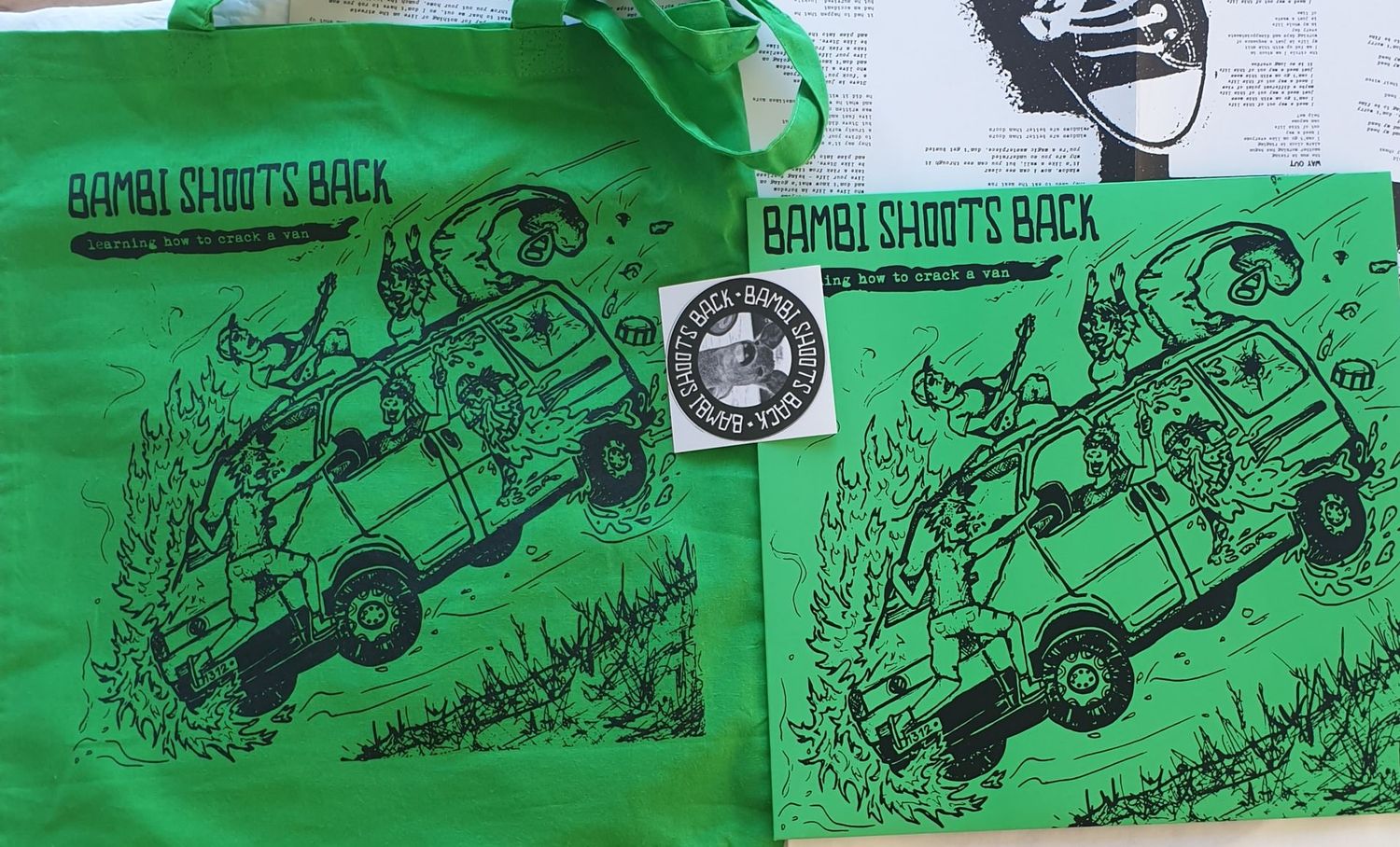 Bambi Shoots Back - Learning How To Crack A Van LP random vinyl colour green cover and green tote bag