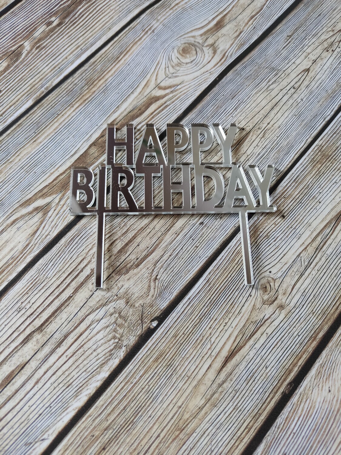 Топпер серебро на верх торта "Happy Birthday"