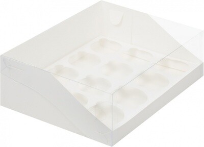Коробка для капкейков (12) с прозрачной крышкой, 325*235*100, белая