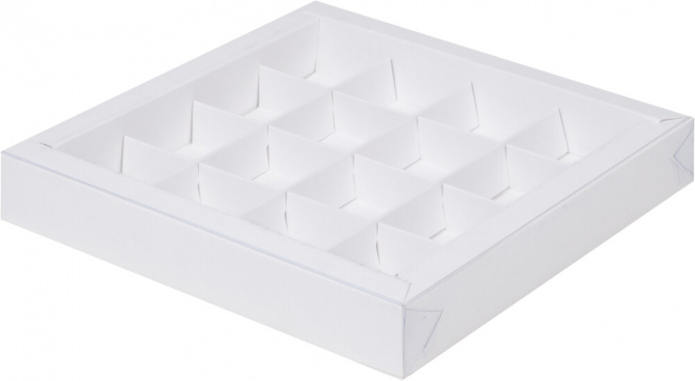Коробка для конфет на 16шт с пластиковой крышкой 190*190*35 мм (упаковка по 5шт) (белая)
