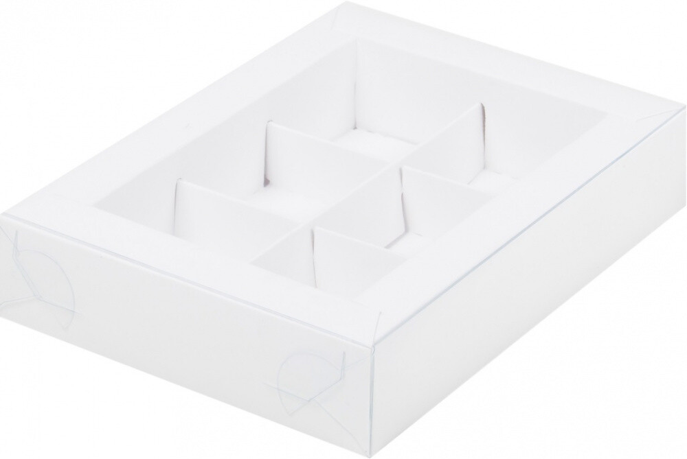 Коробка для конфет на 6шт с пластиковой крышкой 155*115*30 мм (упаковка по 5шт) (белая)