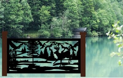 Rustic Railing Insert with Wildlife Scene of Deer, Mountains and Forest