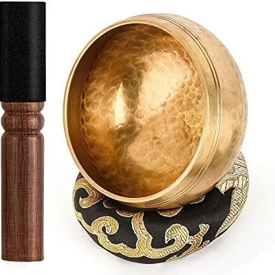 Handcrafted Golden Copper Tibetan Singing Bowl with Wooden Striker