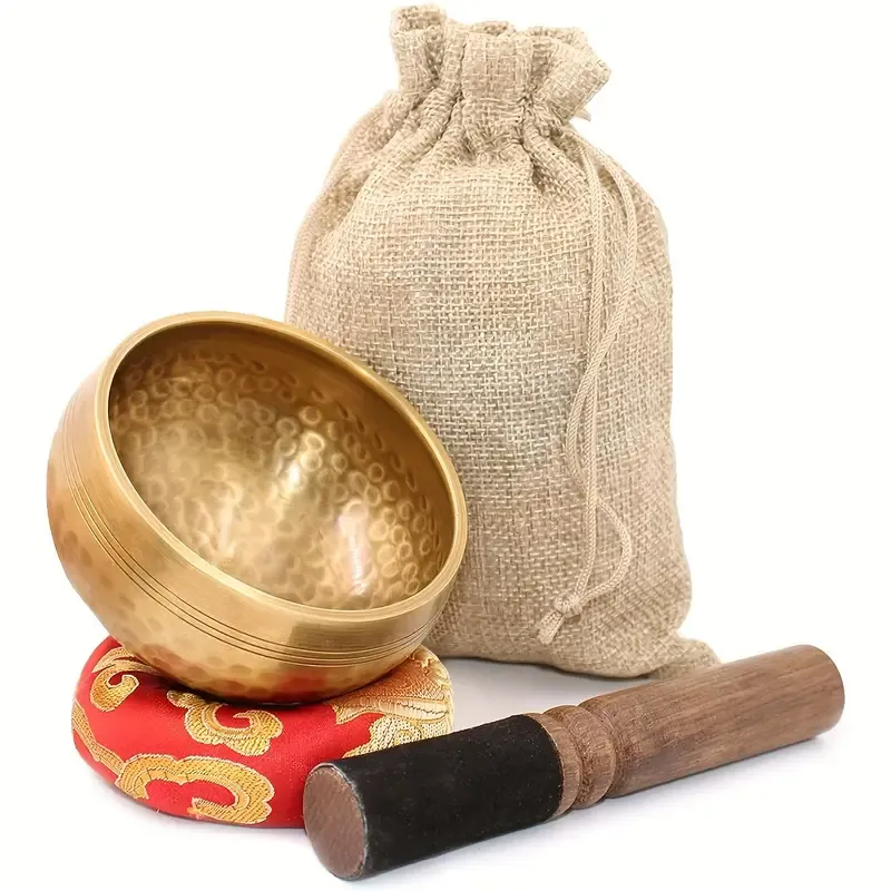 Handcrafted Golden Copper Tibetan Singing Bowl with Wooden Striker, Design: #2