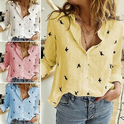 Women V Neck Loose Long Sleeve Blouse Cotton Linen Summer Casual T Shirt Tops