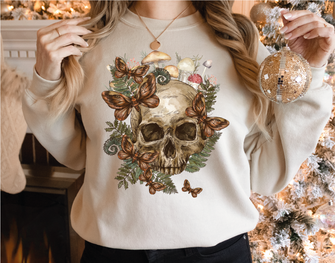 Womens Skull Sweatshirt, Floral Skull Boho Graphic Sweater, Mushroom Butterfly Skull Sweatshirt