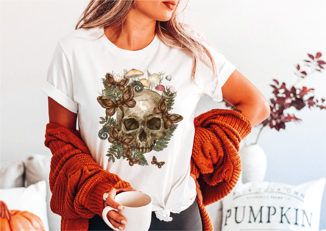 Bloom Skull Shirt, Mushroom Butterfly Skull Tshirt, Floral Skull Boho Graphic Tee, Flower Skull Tee