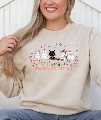 Meowy Christmas Sweatshirt,  Funny Cats Christmas Sweatshirt, Cat Lovers Xmas Sweater