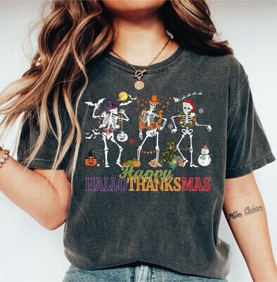 Happy Hallothanksmas Comfort Colors Shirt, Cute Halloween Skeleton T-Shirt