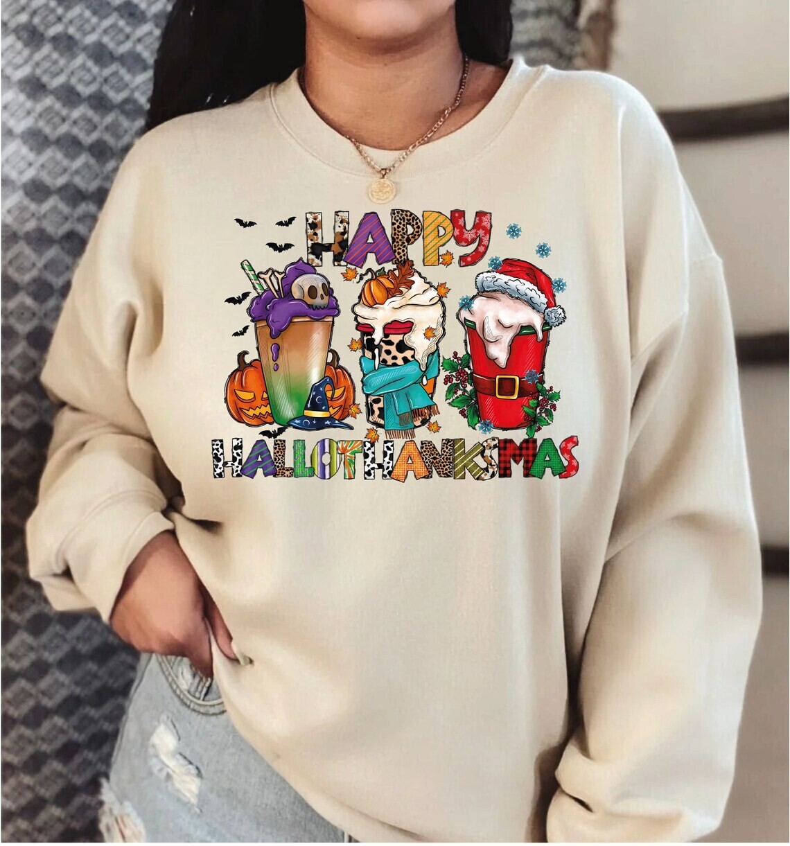 Happy Hallothanksmas Sweatshirt and Hoodie, Fall Coffee Halloween Sweatshirt