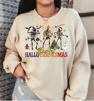 Happy Hallothanksmas Sweatshirt and Hoodie, Cute Halloween Skeleton Hoodie