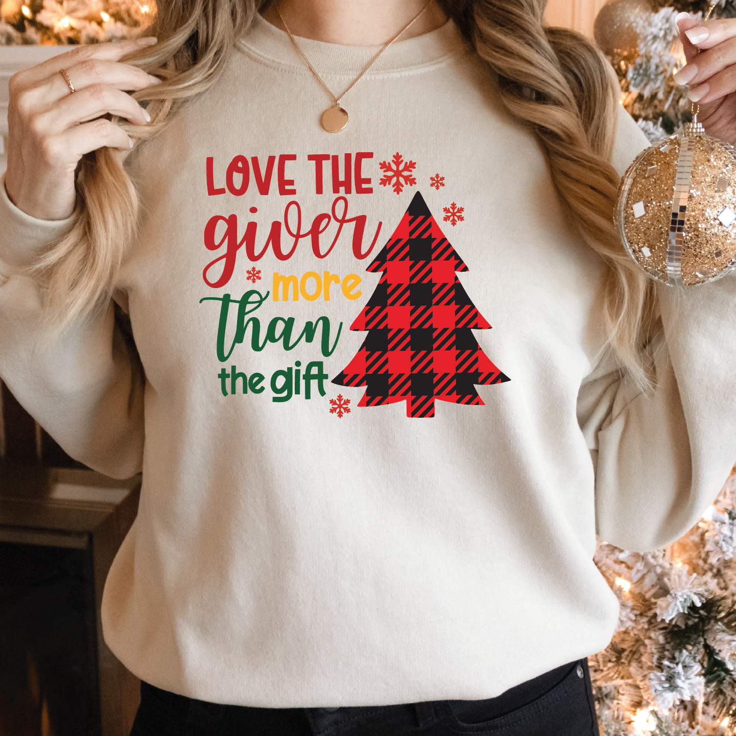 Love The Giver More Than The Gift Christmas Sweatshirt, Buffalo Plaid Tree Sweater