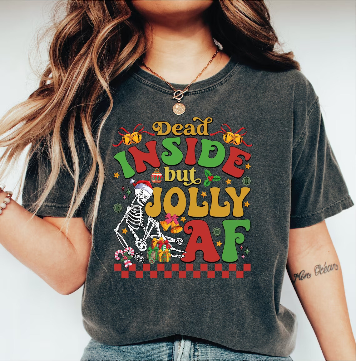 Dead Inside But Jolly AF Comfort Colors Shirt, Christmas Holly Spirit, Christmas Skeleton Shirt