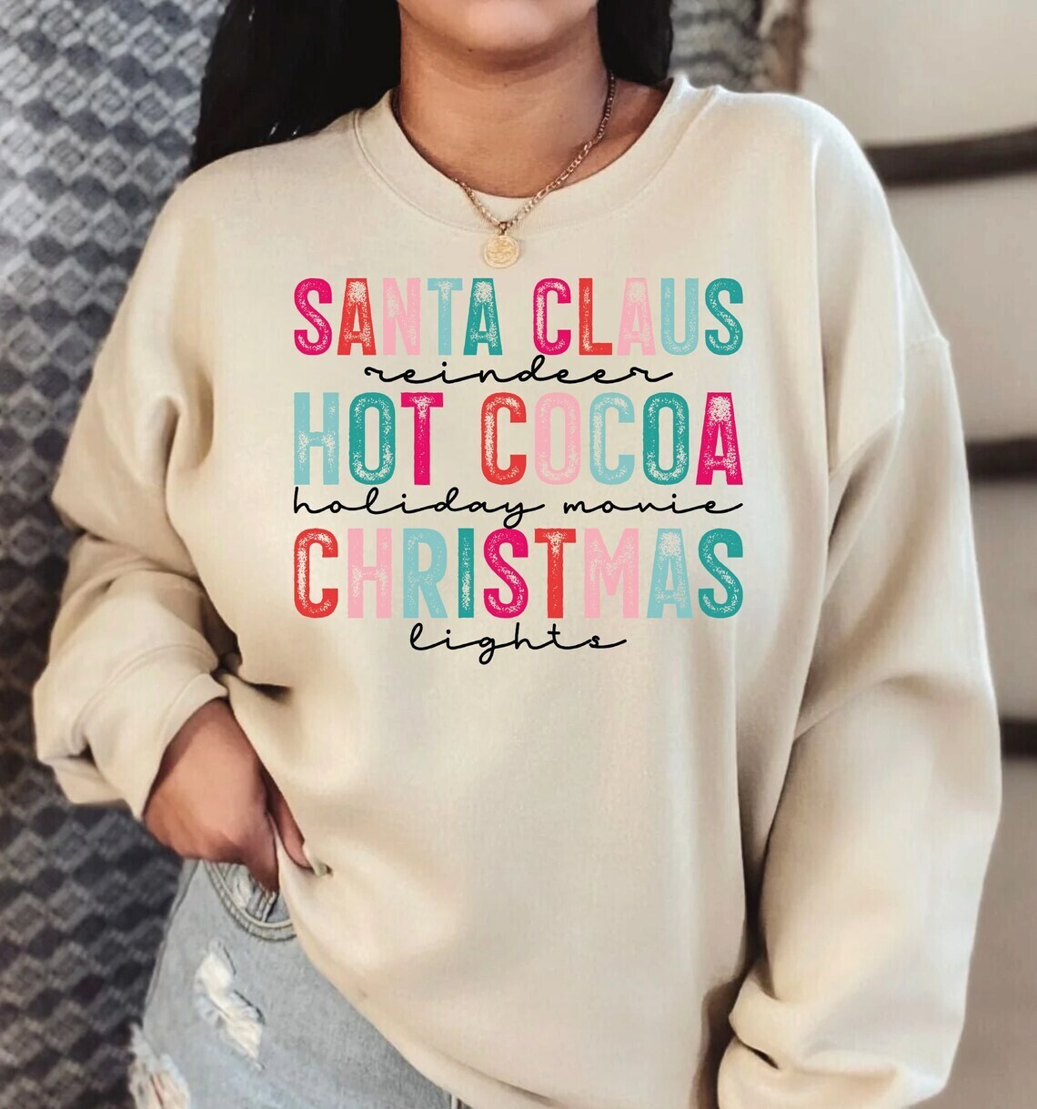 Santa Claus Hot Cocoa Christmas Lights Sweatshirt, Christmas Sweatshirt, Christmas Hoodie, Christmas Youth Sweatshirt