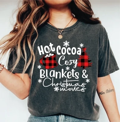 Comfort Colors Hot Cocoa Cozy Blankets and Christmas Movies Shirt, Funny Christmas Coffee Comfort Colors Shirt