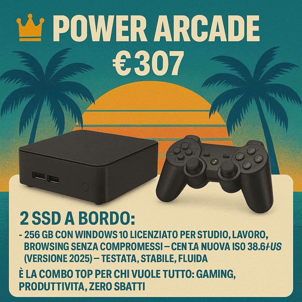 🚀 PowerArcade: Mini PC Plug &amp; Play per il retrogaming. 🎮 Coin Op da bar fino a PS2, Dreamcast, Xbox e altro. 💾 SSD 1TB, 1 joypad, Windows 10. 🛡 Classe A con garanzia. NON DISPONIBILE