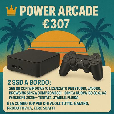 🚀 PowerArcade: Mini PC Plug &amp; Play per il retrogaming. 🎮 Coin Op da bar fino a PS2, Dreamcast, Xbox e altro. 💾 SSD 1TB, 1 joypad, Windows 10. 🛡 Classe A con garanzia. 1 unità