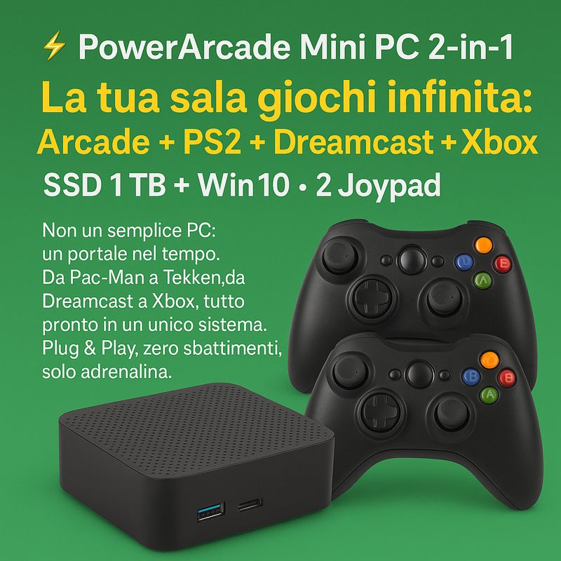⚡ PowerArcade Mini PC 2-in-1 – La tua sala giochi infinita: Arcade + PS2 + Dreamcast + Xbox • SSD 1 TB + Win10 • 2 Joypad • Garanzia • 1 unità