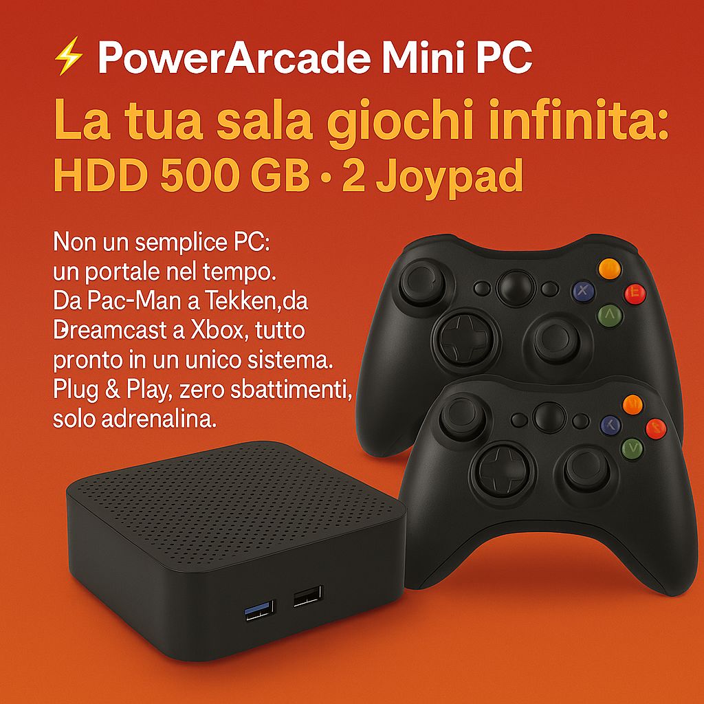 POWER ARCADE MINI PC 500GB • 2 Joypad • Plug &amp; Play Stessa potenza del 2-in-1, metà spazio.