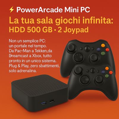 POWER ARCADE MINI PC 500GB • 2 Joypad • Plug & Play Stessa potenza del 2-in-1, metà spazio.