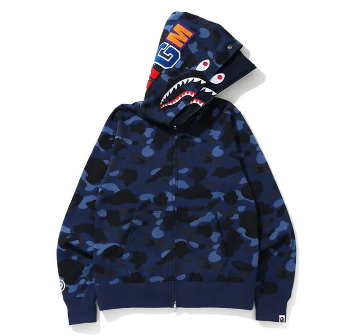 BAPE Color Camo Shark Wide Full Zip Double Hoodie Navy