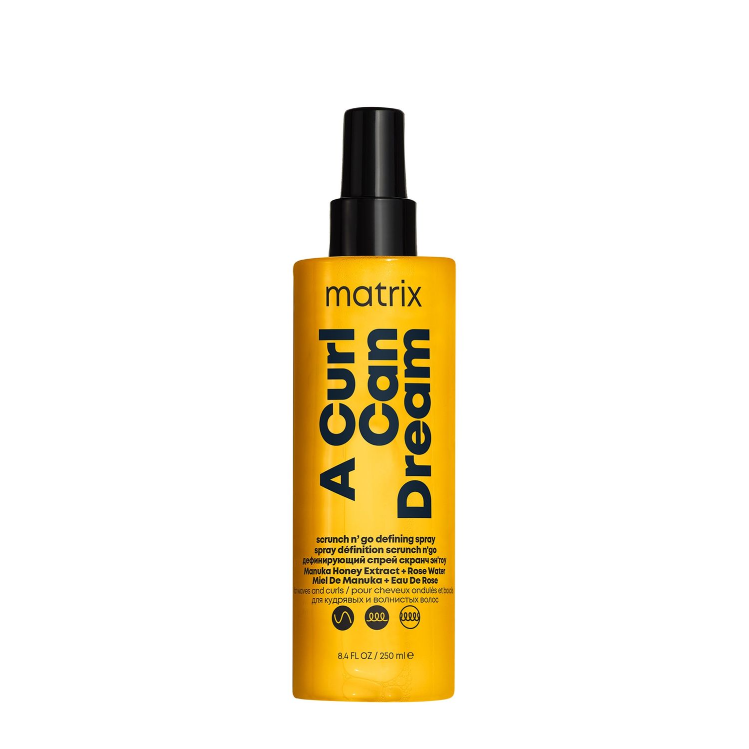 Spray pentru definire bucle Matrix A Curl Can Dream Scrunch N&#39; Go cu textura lejera pentru parul ondulat, extract de miere de manuka si apa de trandafiri, protectie termica si ati frizz 48h , 250 ml