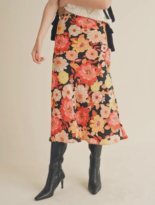 Satin Floral Midi Slip Skirt