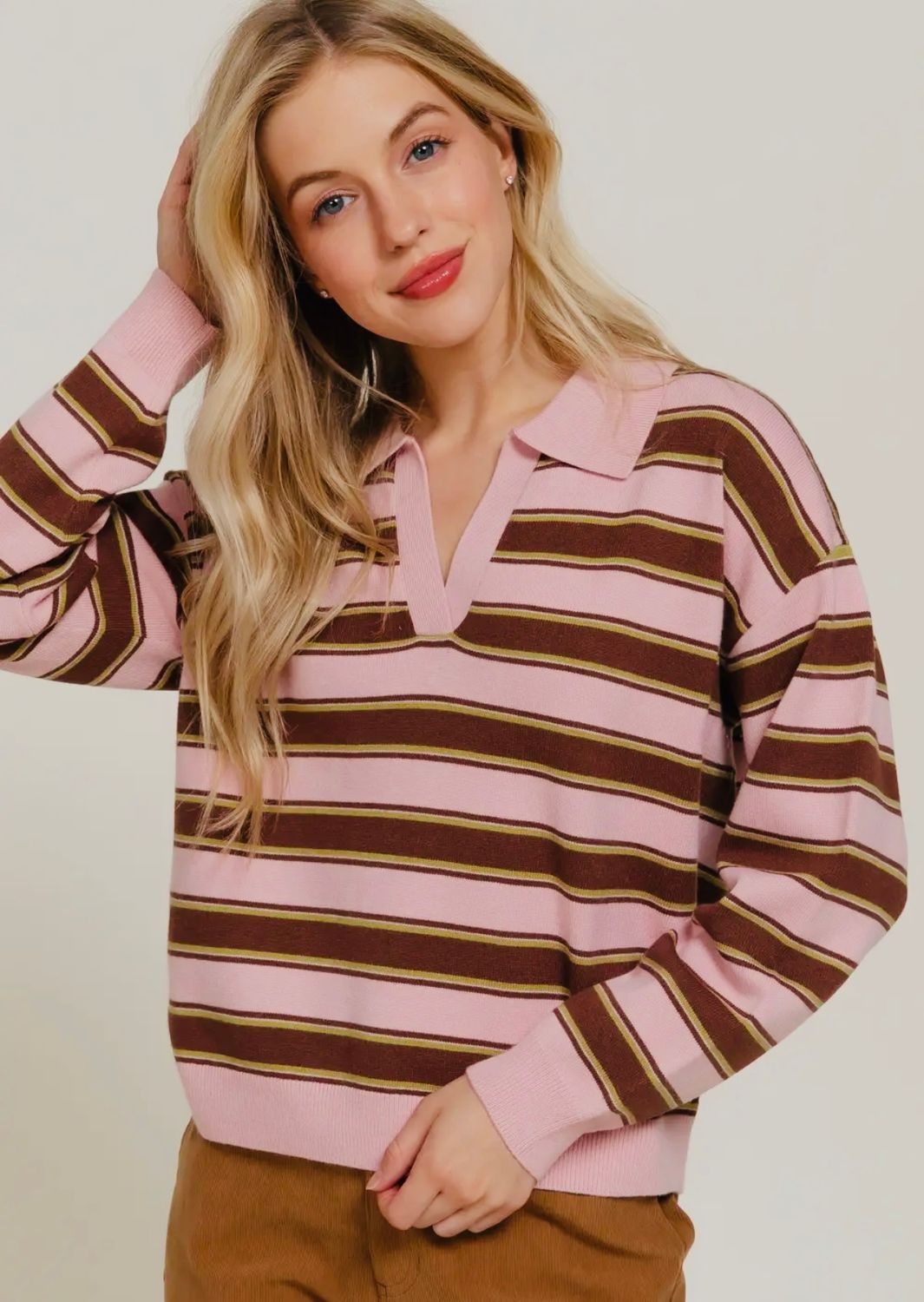 Polo Sweater- Pink/Brown