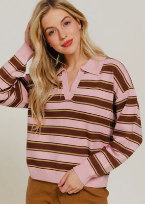 Polo Sweater- Pink/Brown