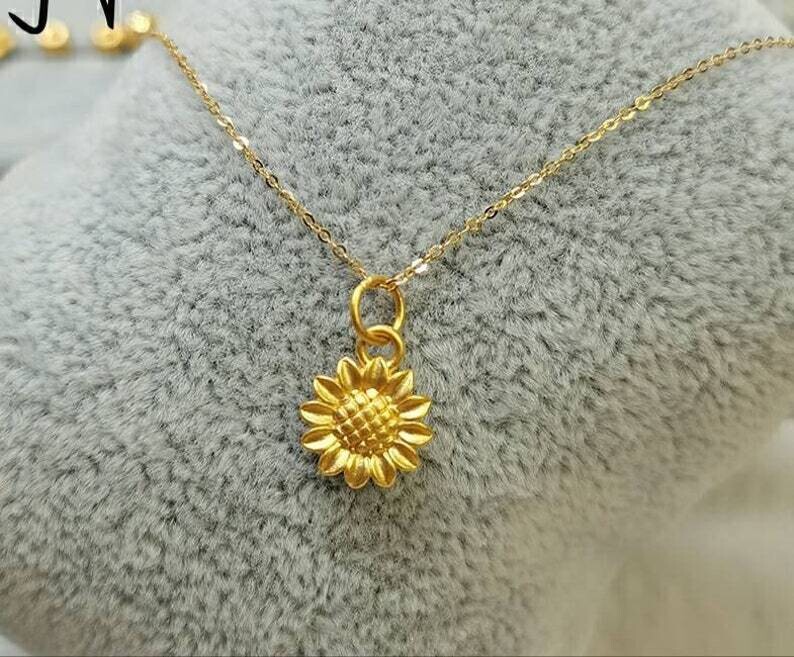 Genuine Pure gold 9999 gold, 24K gold solid sunflower Pendant charm +18K gold solid Au750 gold chain 75% of gold necklace slim fine chain