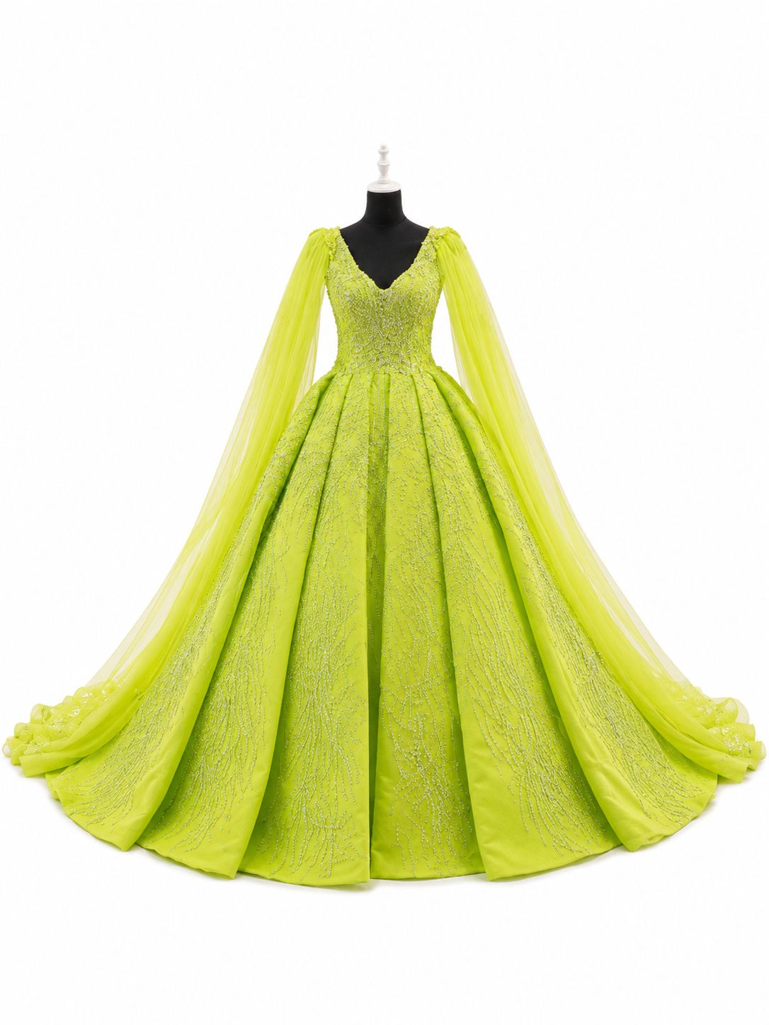 V-Neck Heavy Beaded Ball Gown with Tulle Cape Sleeves V-Neck Heavy Beaded Ball Gown with Tulle Cape Sleeves