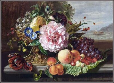 Still life with flowers and fruits