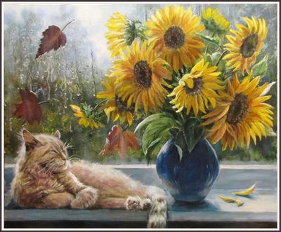 Cat &amp; Sunflowers