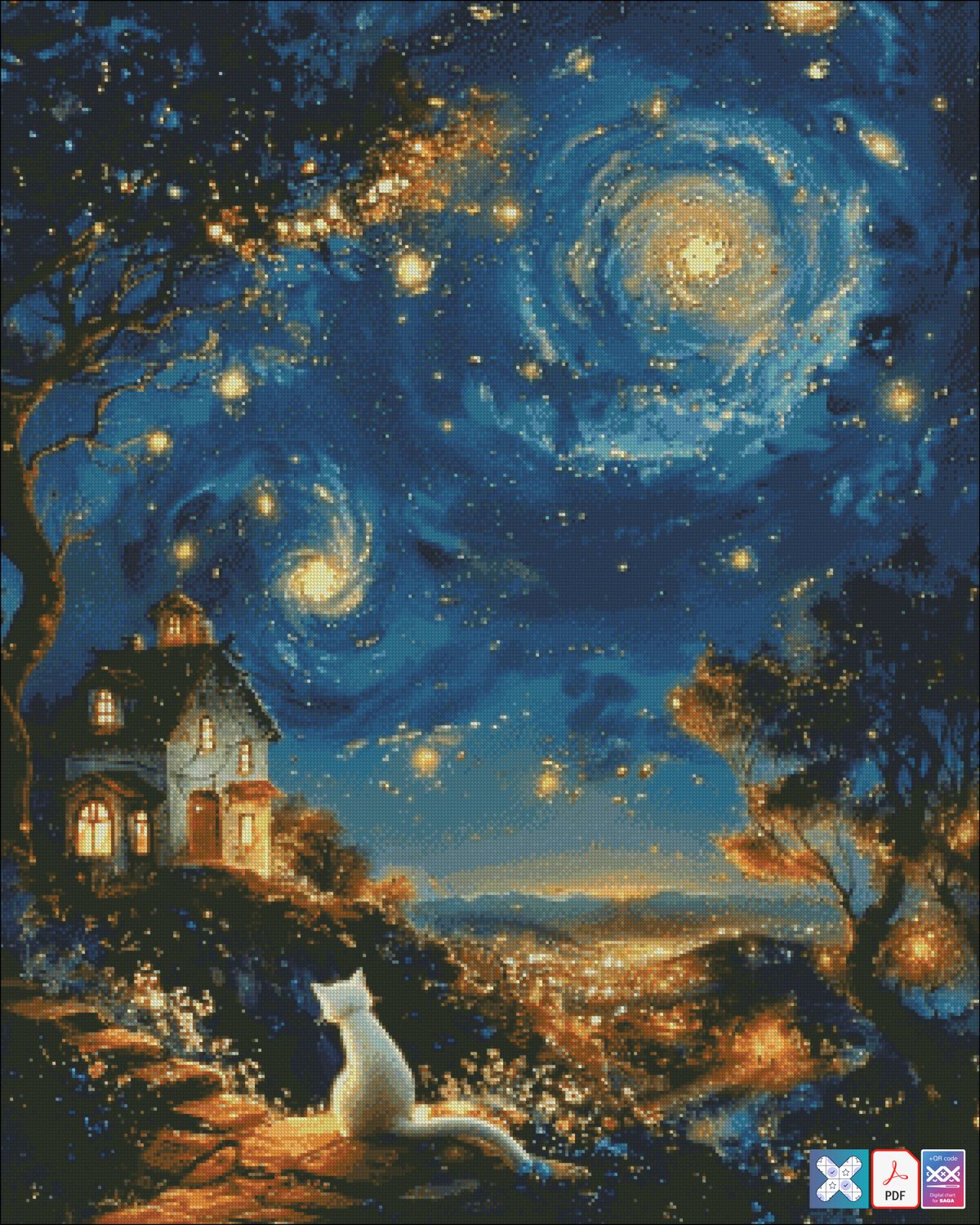 White cat with starry night