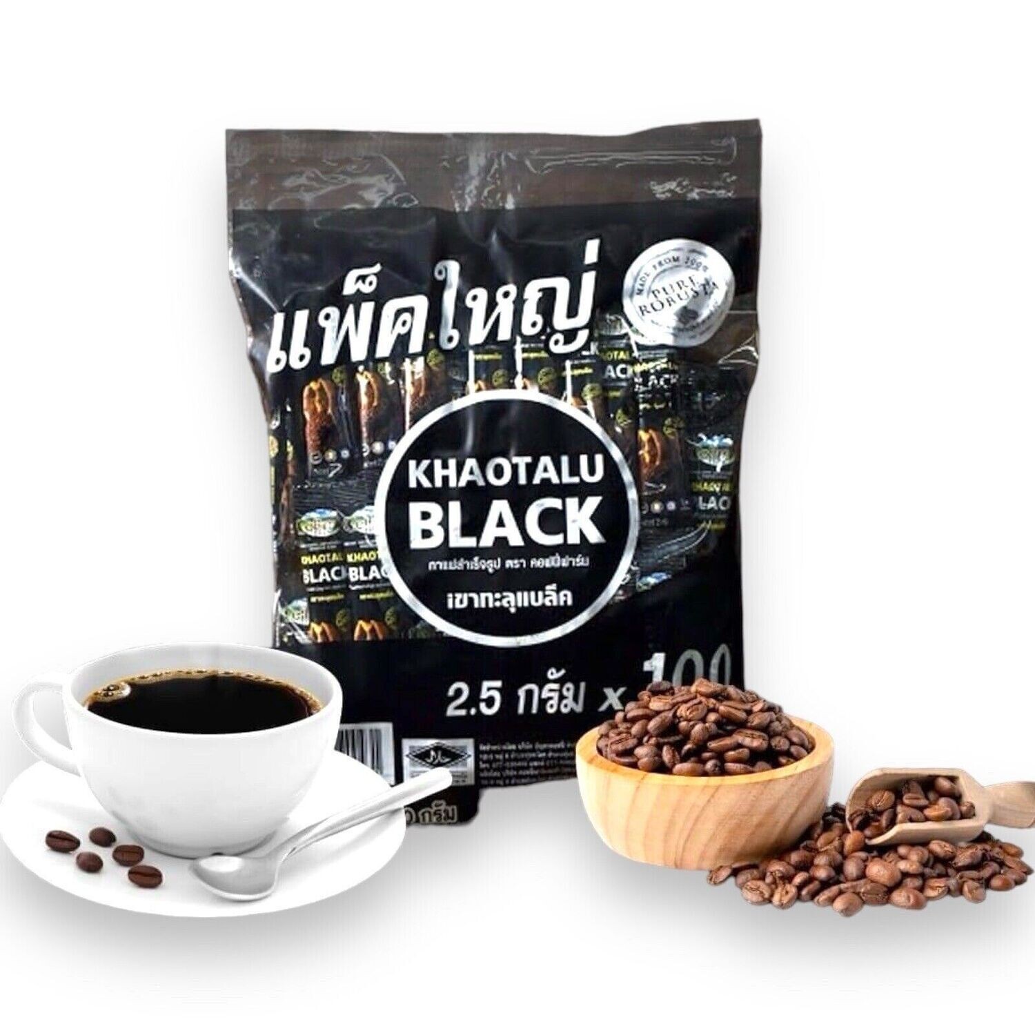 KHAOTALU Black Robasta Instant Coffee No Sugar Dark Strong 100 Sachets
