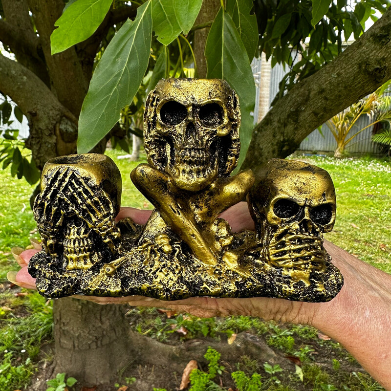 “Hear No Evil See No Evil Speak No Evil” Skull Sphere Stands Gold