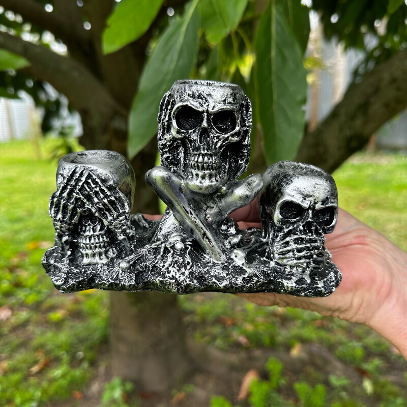 “Hear No Evil See No Evil Speak No Evil” Skull Sphere Stands Silver