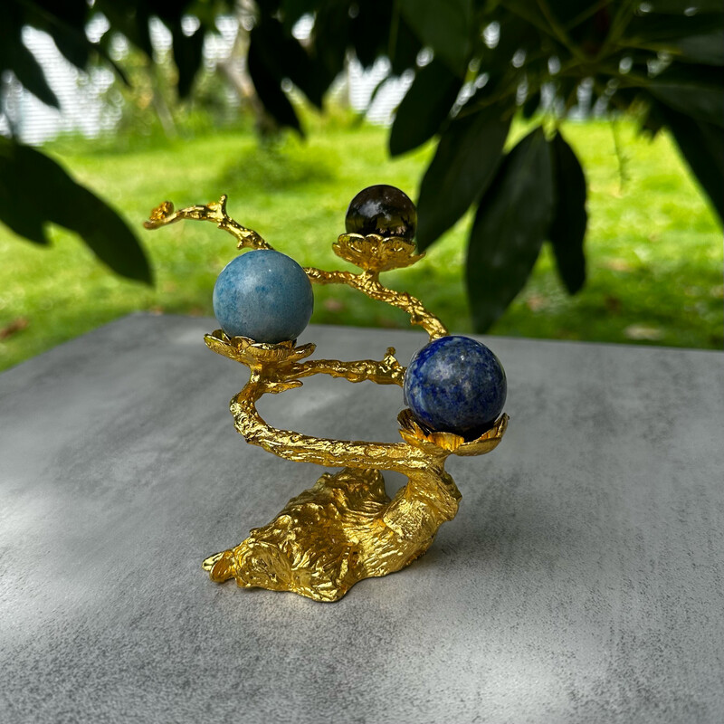 Gold Tree Branch Triple Sphere Holder