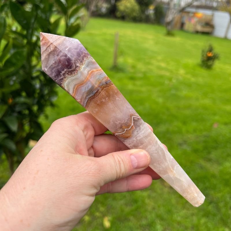 Amethyst And Mexican Lace Agate Wand In Stand