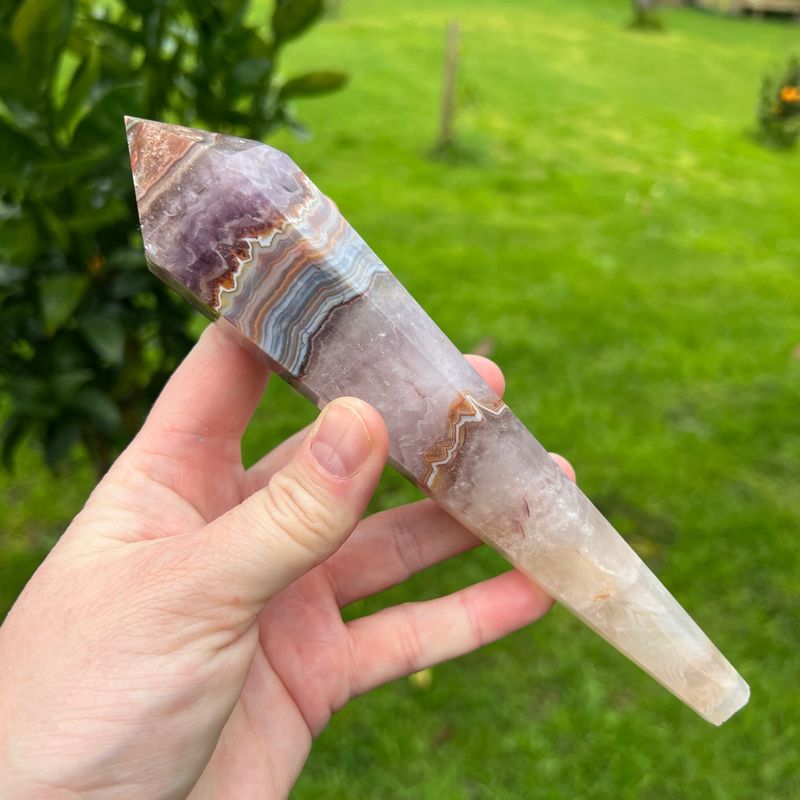 Amethyst And Mexican Lace Agate Wand On Stand