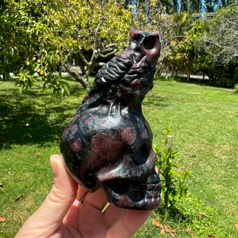 Garnet With Arfvedsonite Skull And Owl