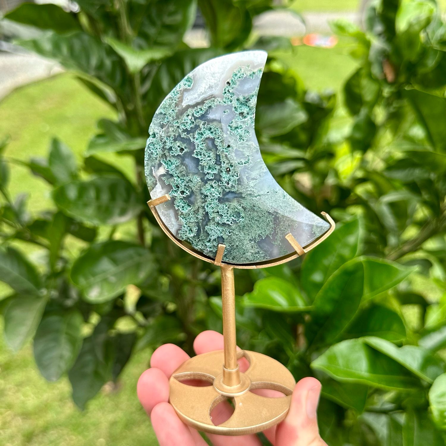 Moss Agate Moon With Stand