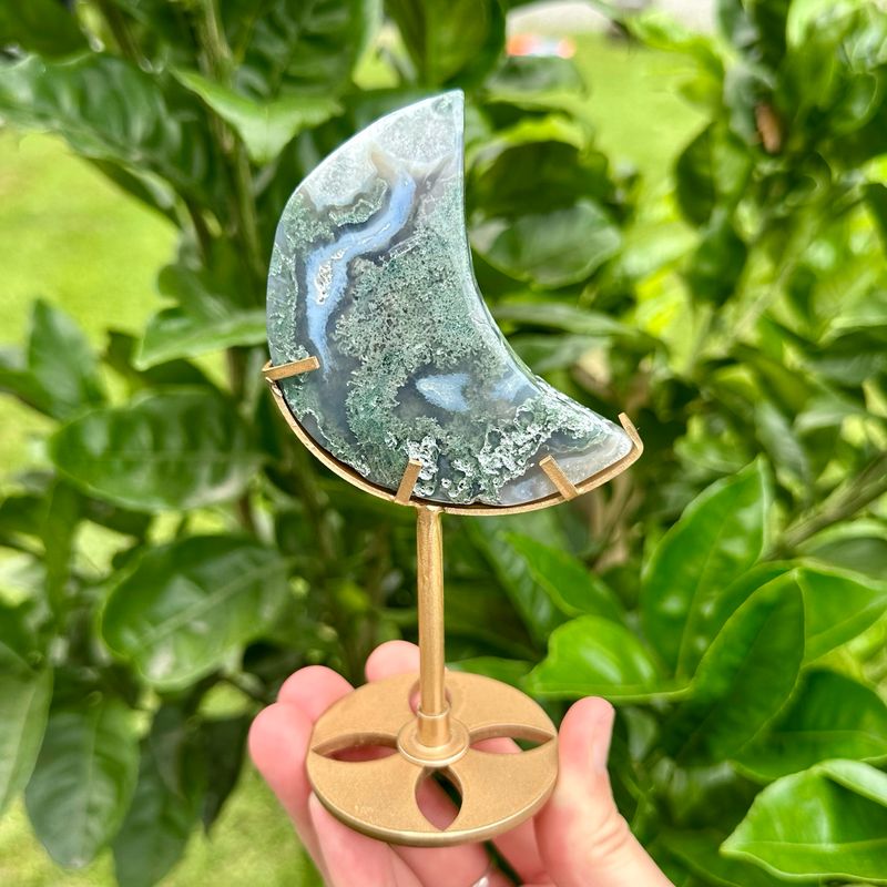 Moss Agate Moon With Stand