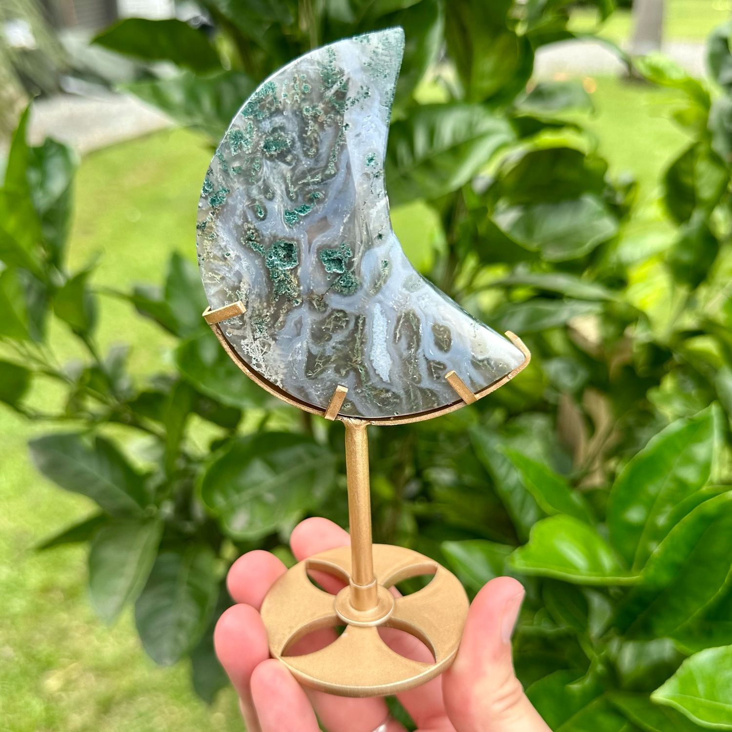 Moss Agate Moon With Stand