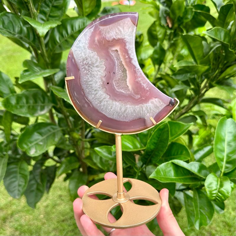 Dyed Pink Agate Moon With Stand