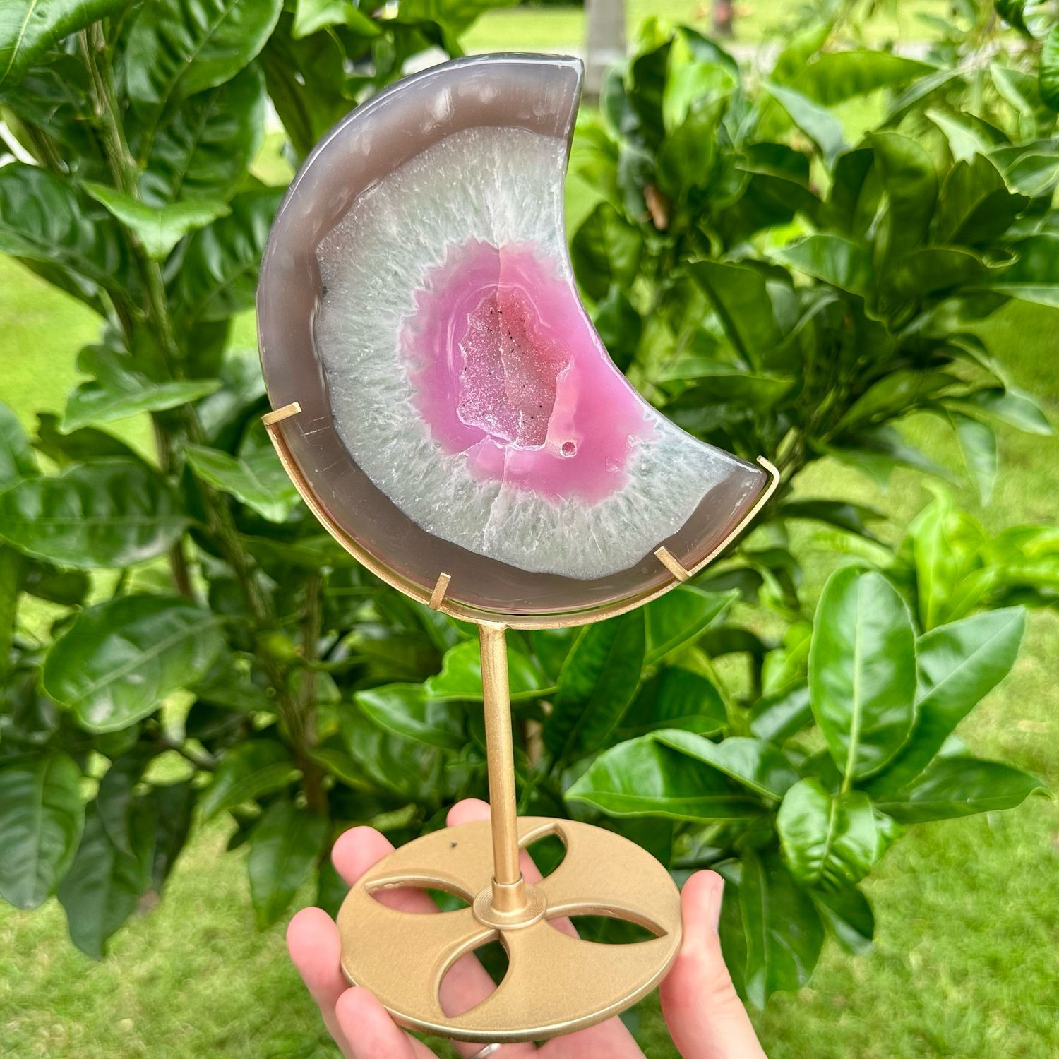 Dyed Pink Agate Moon With Stand